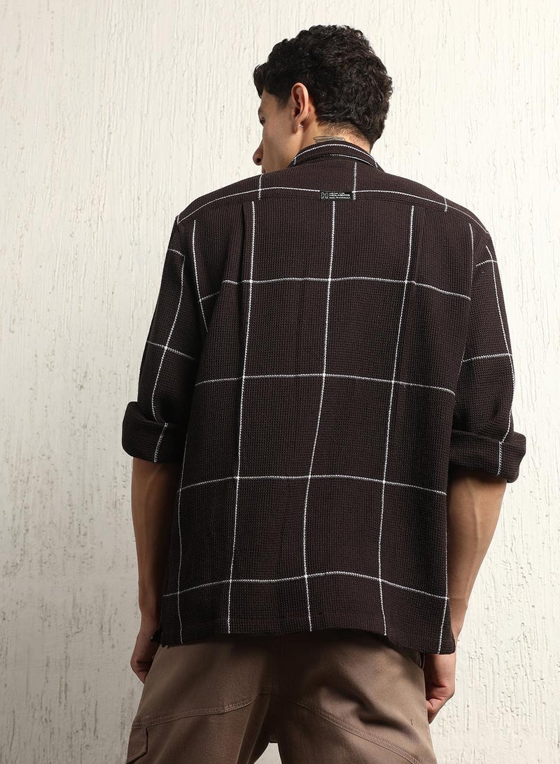 Brown Oversized Cotton Casual Check Waffle Shirt for Men