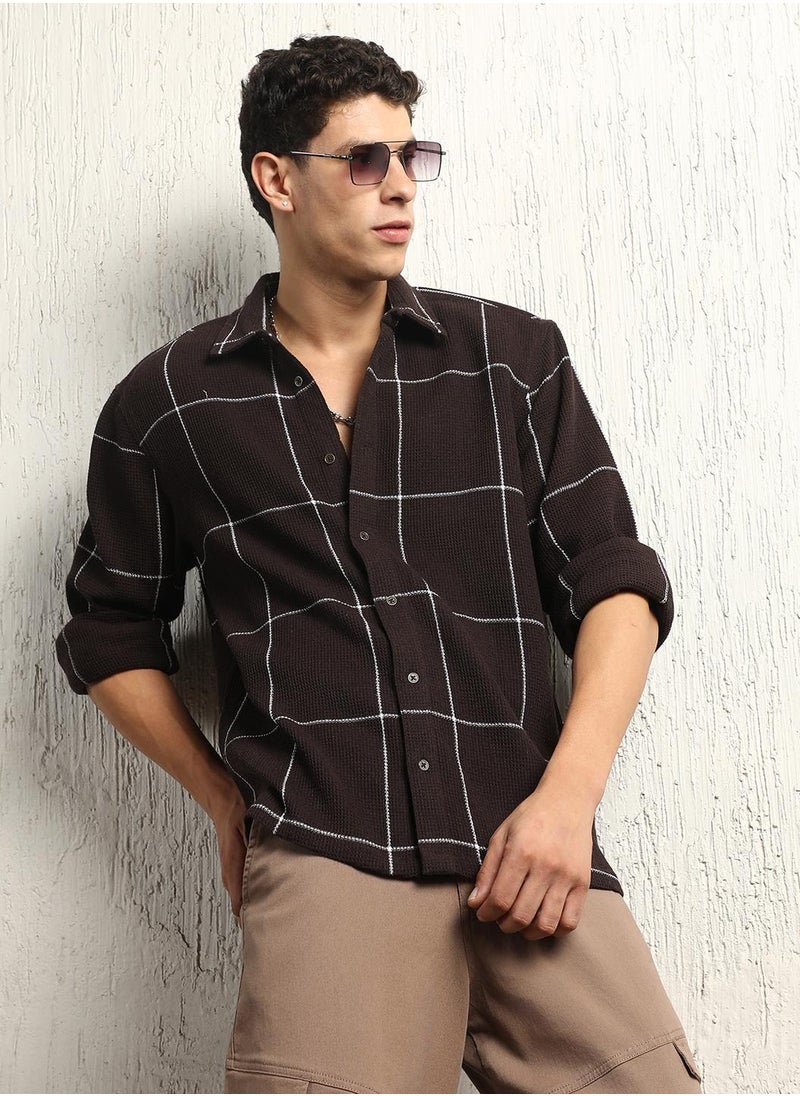 Hubberholme Brown Oversized Cotton Casual Check Waffle Shirt for Men  - Image 1