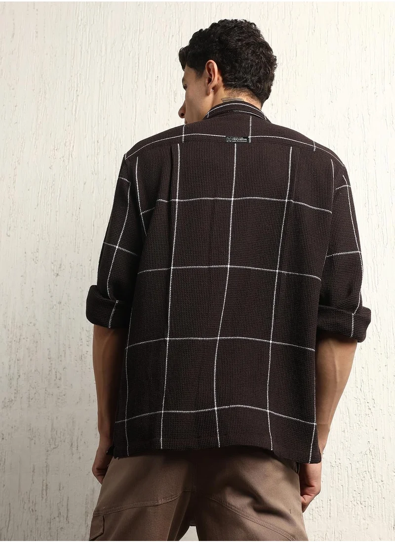 Hubberholme Brown Oversized Cotton Casual Check Waffle Shirt for Men