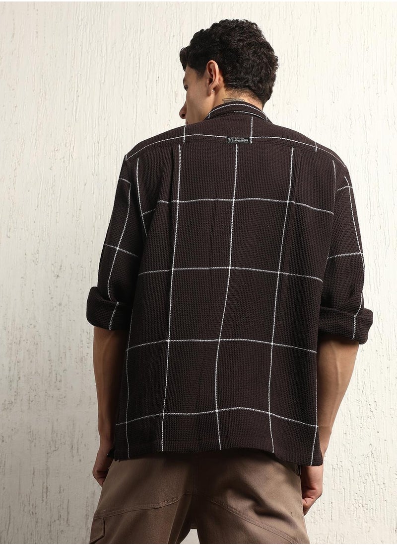 Hubberholme Brown Oversized Cotton Casual Check Waffle Shirt for Men  - Image 5