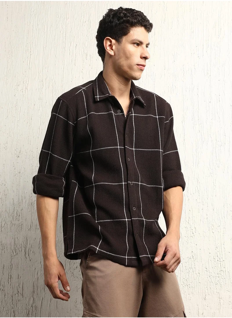Hubberholme Brown Oversized Cotton Casual Check Waffle Shirt for Men