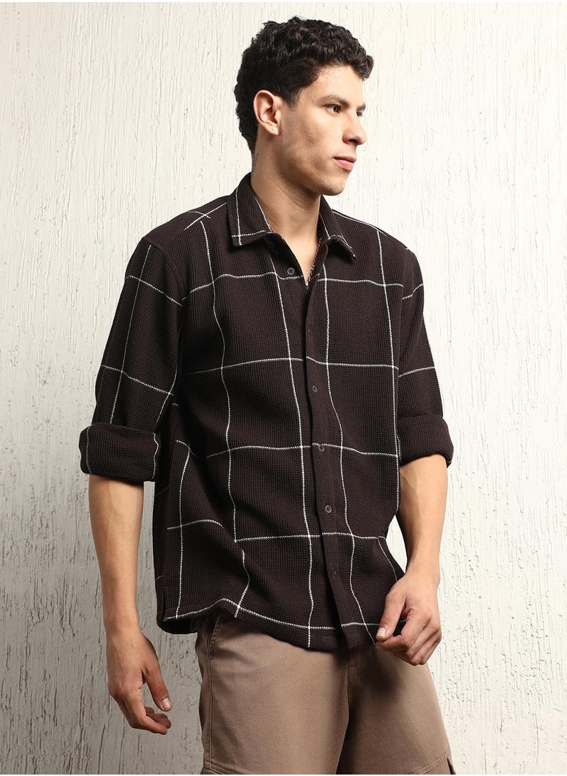 Hubberholme Brown Oversized Cotton Casual Check Waffle Shirt for Men  - Image 3