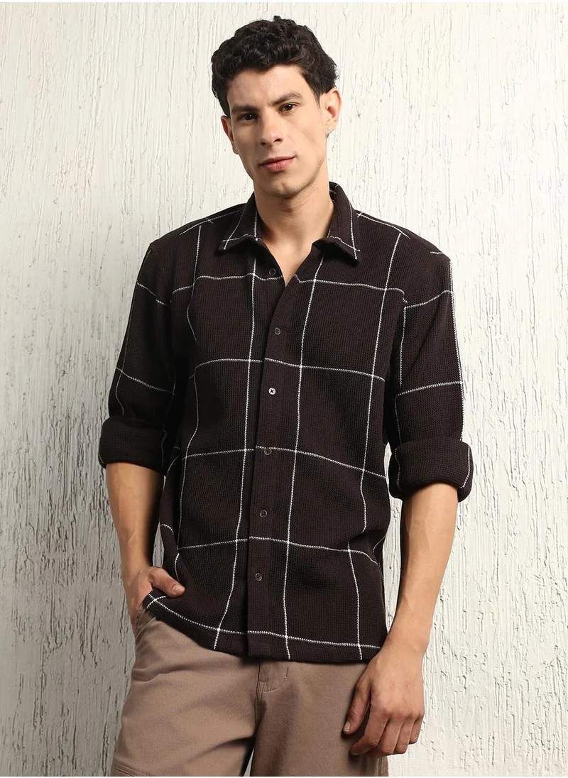 هوبرهولمي Brown Oversized Cotton Casual Check Waffle Shirt for Men