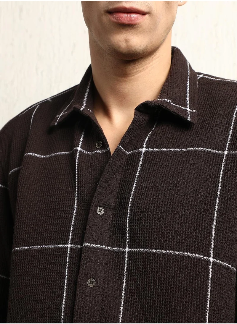 Hubberholme Brown Oversized Cotton Casual Check Waffle Shirt for Men