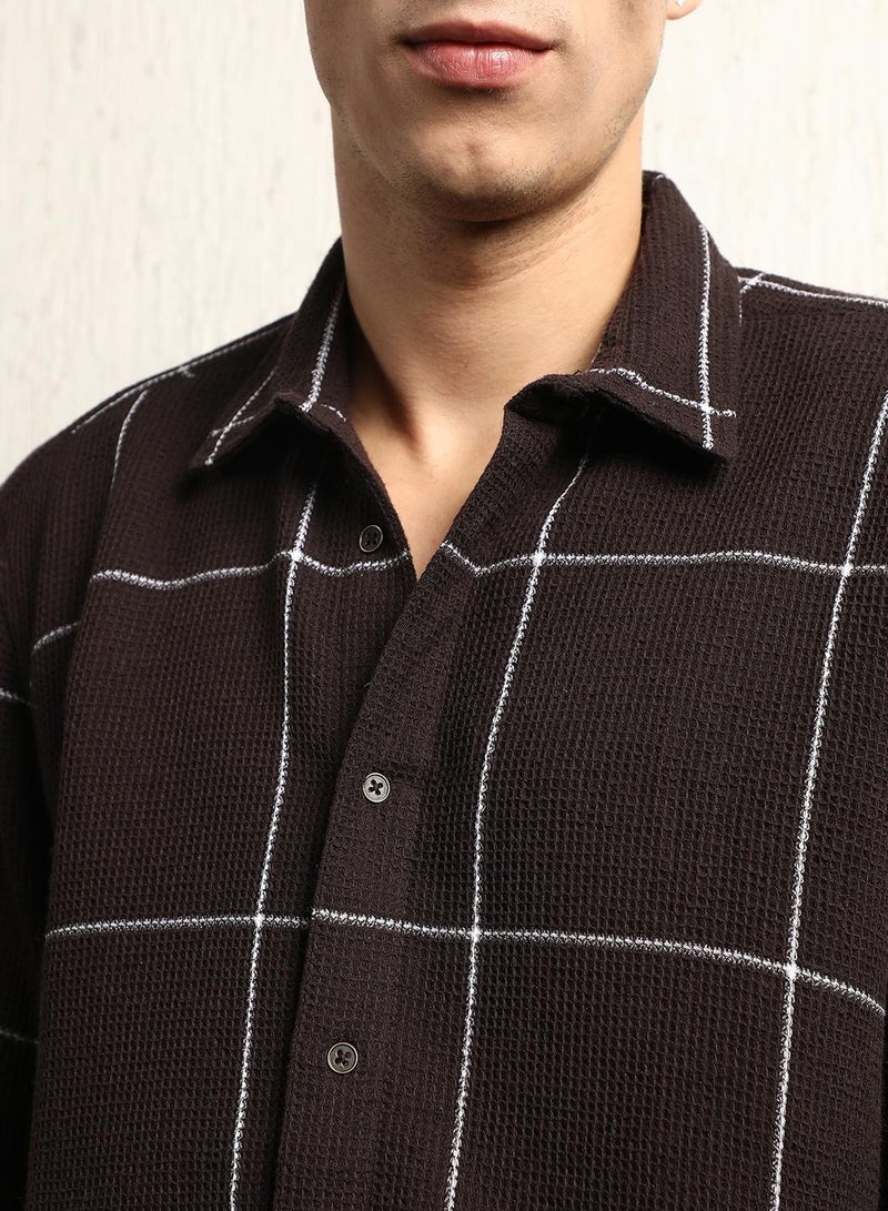 Brown Oversized Cotton Casual Check Waffle Shirt for Men