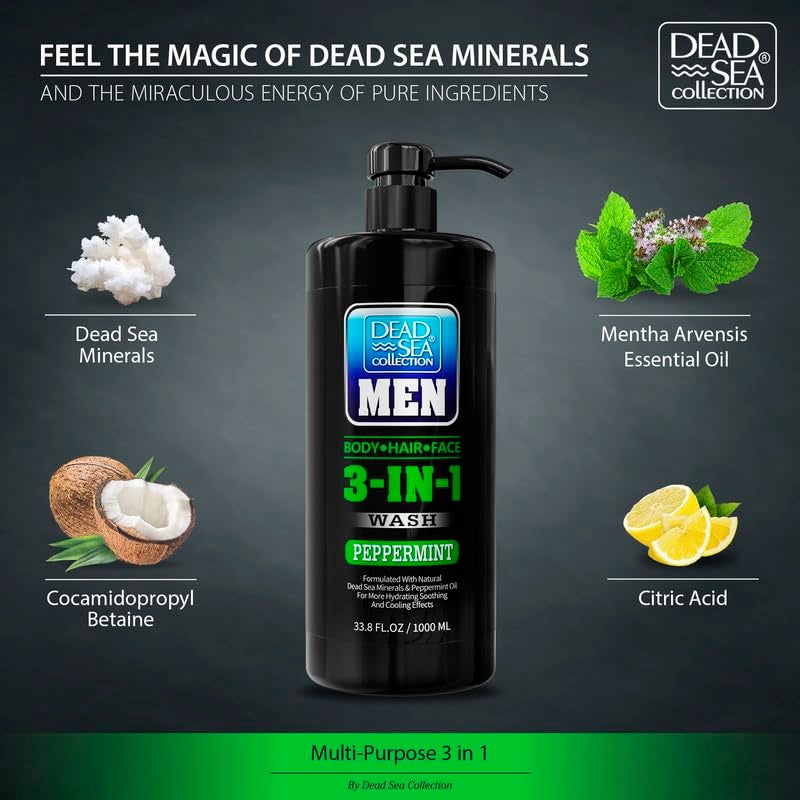Dead Sea Collection Mens Body Wash 3 in 1 â€“ Peppermint Body Wash for Men â€“ Shower Gel â€“ Shampoo â€“ Shower Soap for Face and Hair â€“ Pack of 2 Bottles (33.8 Fl. Oz. Each) - Image 4