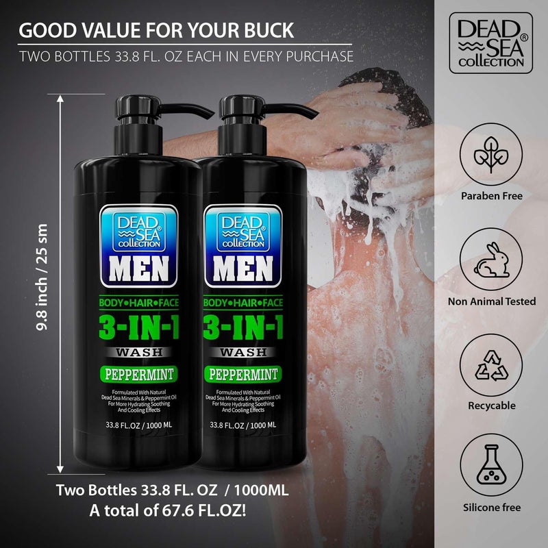 Dead Sea Collection Mens Body Wash 3 in 1 â€“ Peppermint Body Wash for Men â€“ Shower Gel â€“ Shampoo â€“ Shower Soap for Face and Hair â€“ Pack of 2 Bottles (33.8 Fl. Oz. Each) - Image 3