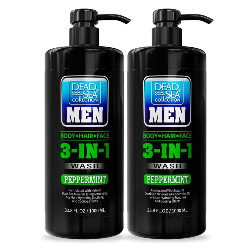 Dead Sea Collection Mens Body Wash 3 in 1 â€“ Peppermint Body Wash for Men â€“ Shower Gel â€“ Shampoo â€“ Shower Soap for Face and Hair â€“ Pack of 2 Bottles (33.8 Fl. Oz. Each) - Image 1