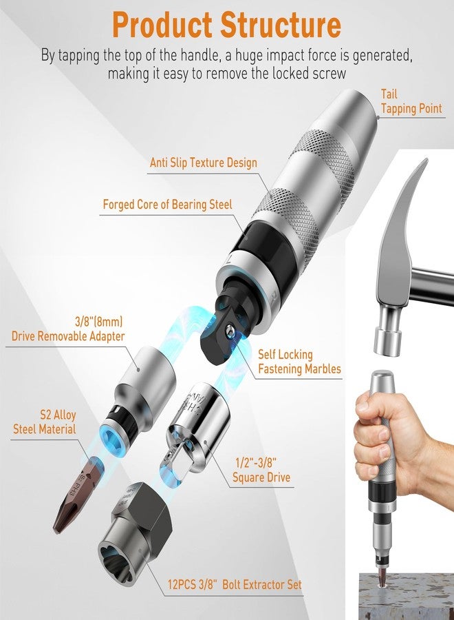 XEWEA 12PCS 3/8" Hand Impact Driver Set and 8PCS 3/8" Bolt Sockets Extractor, S2 Steel Slotted,Phillips, Screw Extractor Bit, Bolt Remover for Removing Damaged, Rusted Screws Bolt & Fasteners - Image 3