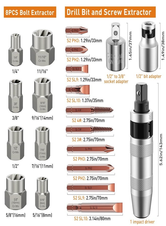 XEWEA 12PCS 3/8" Hand Impact Driver Set and 8PCS 3/8" Bolt Sockets Extractor, S2 Steel Slotted,Phillips, Screw Extractor Bit, Bolt Remover for Removing Damaged, Rusted Screws Bolt & Fasteners - Image 2