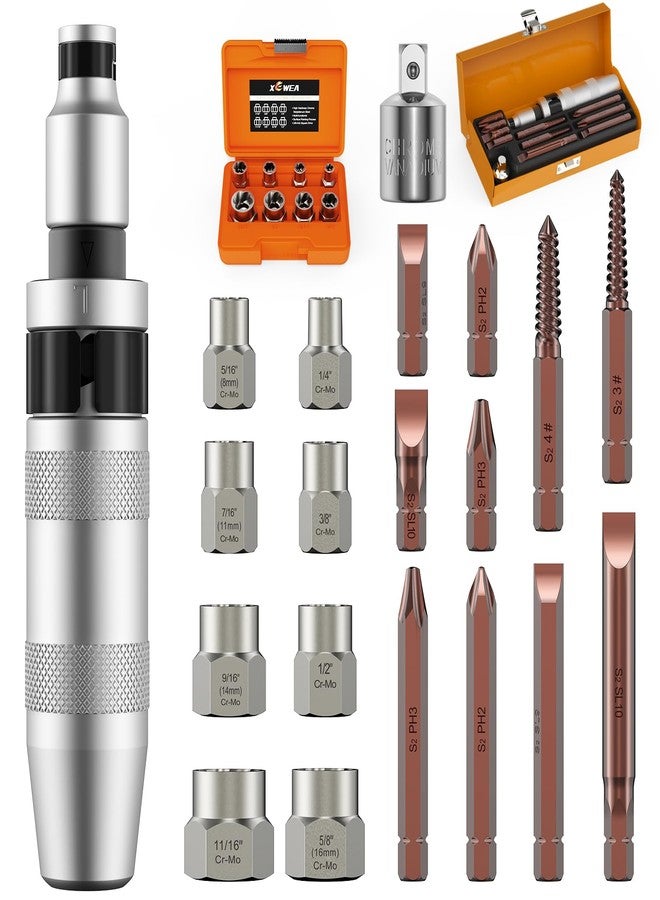 XEWEA 12PCS 3/8" Hand Impact Driver Set and 8PCS 3/8" Bolt Sockets Extractor, S2 Steel Slotted,Phillips, Screw Extractor Bit, Bolt Remover for Removing Damaged, Rusted Screws Bolt & Fasteners - Image 1