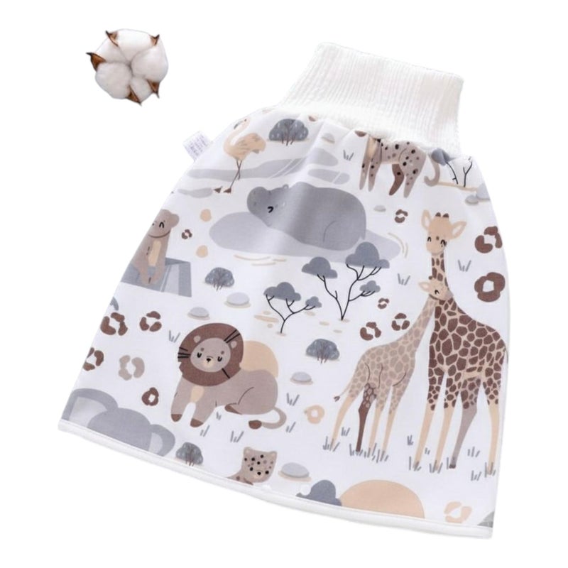 MZ Safari Animals Training Diaper Skirt, Cotton Waterproof Bedwetting Protection, Medium Size for 5-8 Years, Neutral Color Pattern with Lion and Giraffe Design - Image 1