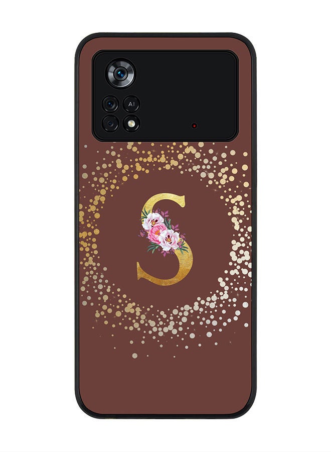 Stylizedd Rugged Black edge case for Poco M4 Pro 4G Slim fit Soft Case Flexible Rubber Edges Anti Drop TPU Gel Thin Cover - Custom Monogram Initial Letter Floral Pattern Alphabet - S (Brown ) - Image 1
