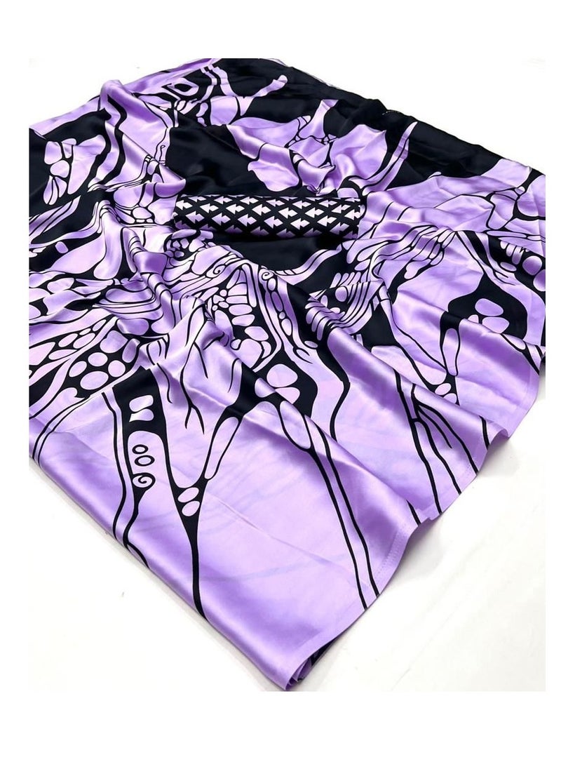 Grab Mantra - Satin Lavender Base Black Print Beautiful Saree With Unstitched Blouse - Image 1