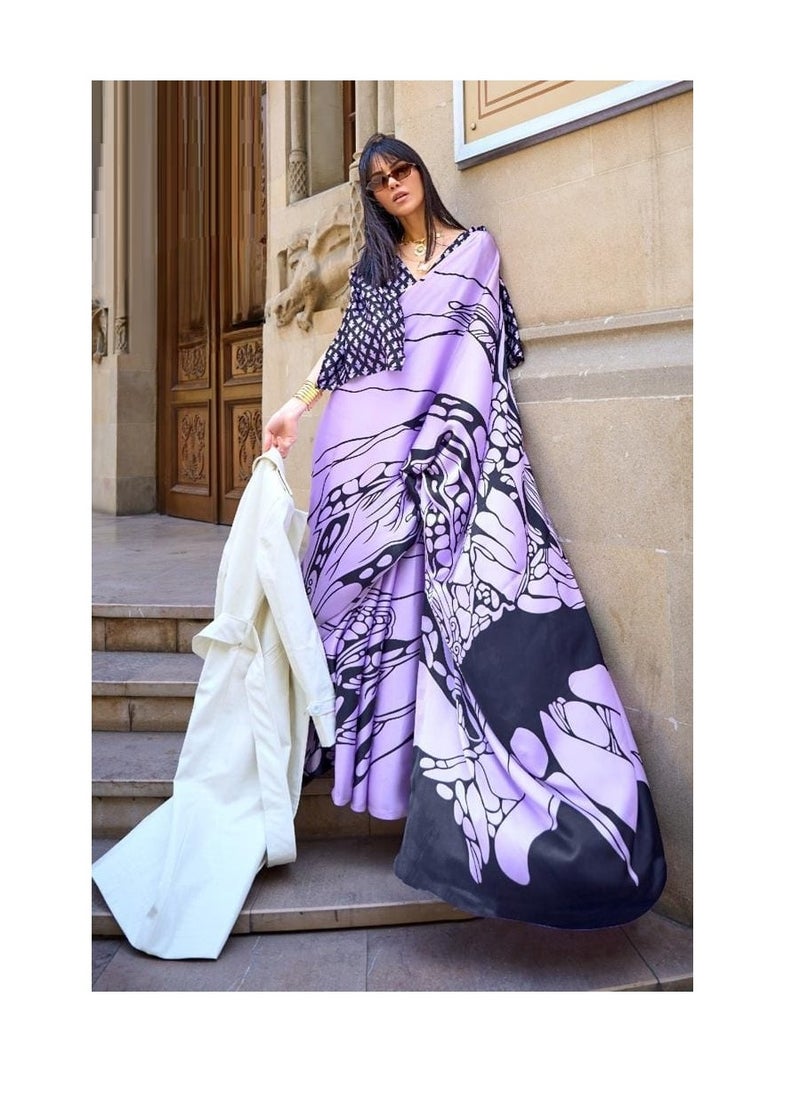 Grab Mantra - Satin Lavender Base Black Print Beautiful Saree With Unstitched Blouse - Image 1