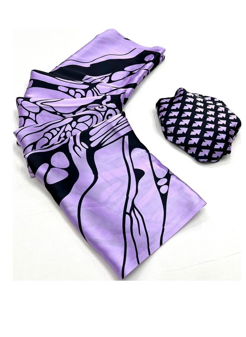 Grab Mantra - Satin Lavender Base Black Print Beautiful Saree With Unstitched Blouse - Image 1