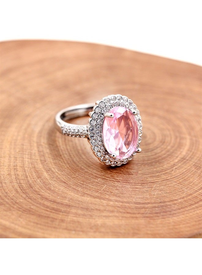Uloveido Adjustable Created Pink Toumaline Rings, Big Oval Cubic Zirconia Ring, Solitaire Engagement Rings Birthstone Jewelry Gifts Y664 (Pink) - Image 2
