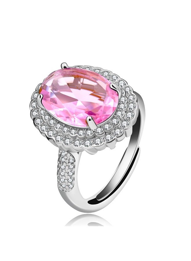 Uloveido Adjustable Created Pink Toumaline Rings, Big Oval Cubic Zirconia Ring, Solitaire Engagement Rings Birthstone Jewelry Gifts Y664 (Pink) - Image 1