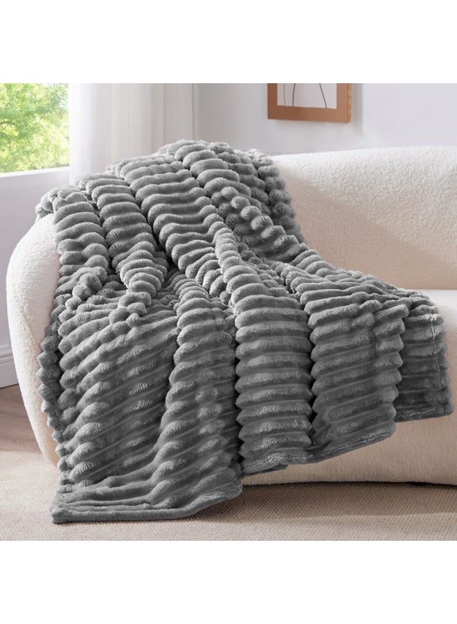 BEDELITE Fleece Throw Blanket for Couch, 300GSM Soft & Warm Fluffy Twin Blanket, Decorative and Giftable Striped Grey Blankets for Women, Men, 60"x80" - Image 1