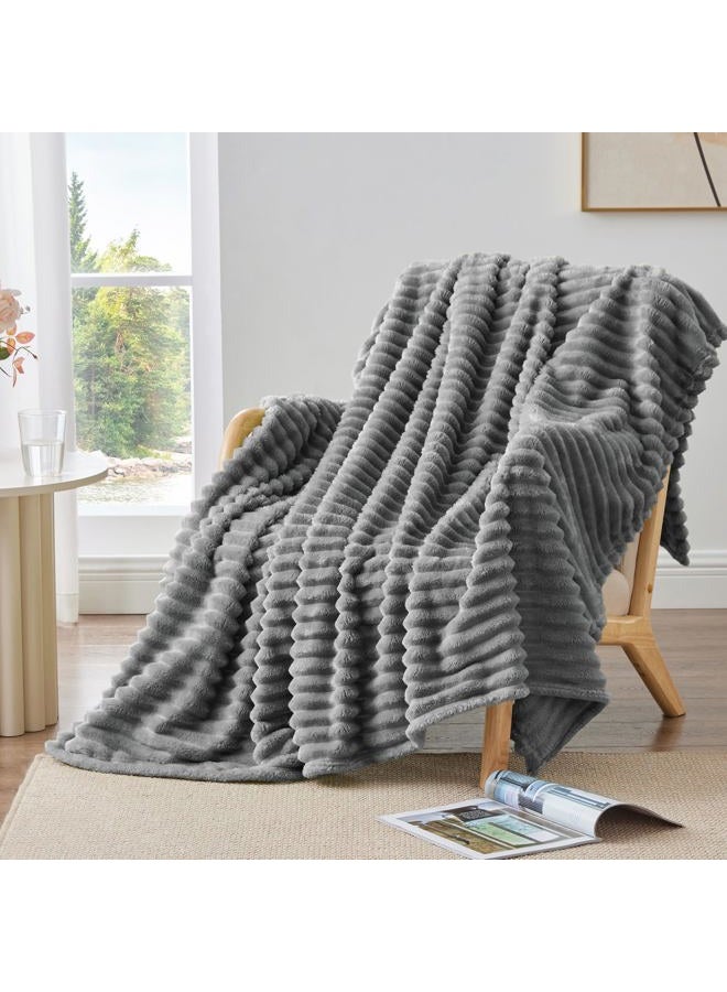BEDELITE Fleece Throw Blanket for Couch, 300GSM Soft & Warm Fluffy Twin Blanket, Decorative and Giftable Striped Grey Blankets for Women, Men, 60"x80" - Image 5