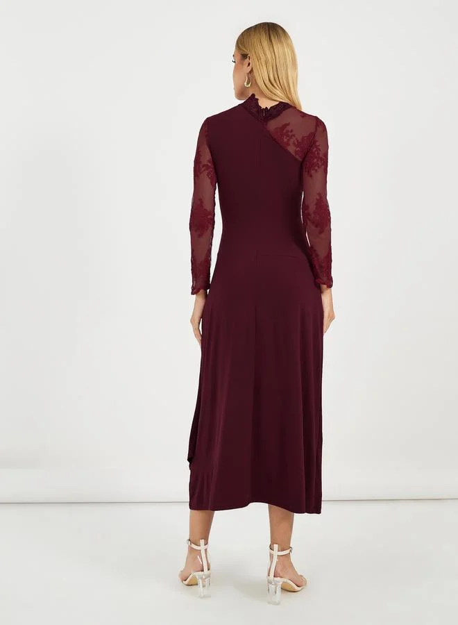 Styli Mesh Sleeves A-Line Maxi Dress with Lace Details