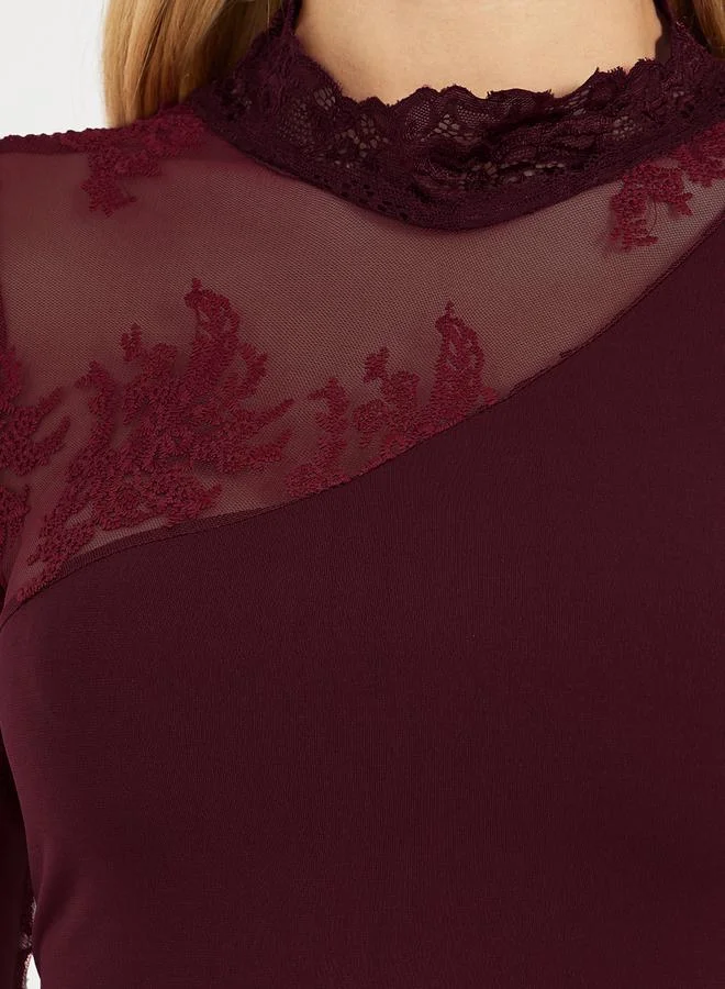 Styli Mesh Sleeves A-Line Maxi Dress with Lace Details