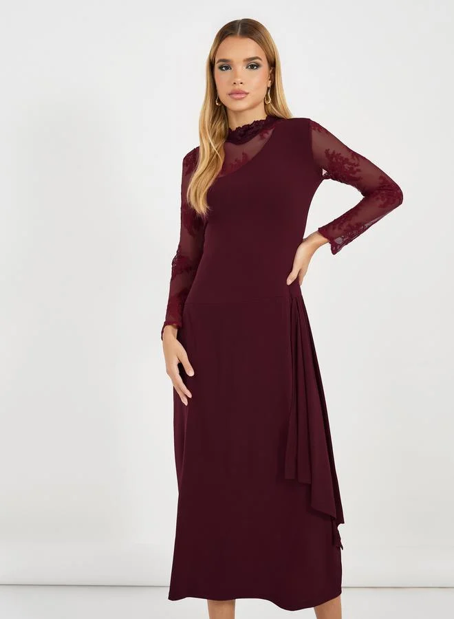 Styli Mesh Sleeves A-Line Maxi Dress with Lace Details