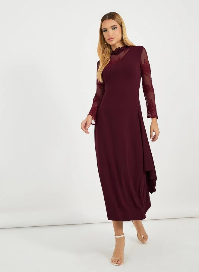 Styli Mesh Sleeves A-Line Maxi Dress with Lace Details