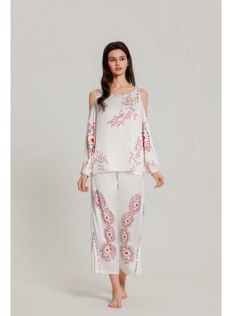 MASHUCK Chic Off-Shoulder Printed Pajama Set - Cuffed Sleeve Lounge Suit - Silky Soft 2-Piece Sleepwear for Women - Image 2