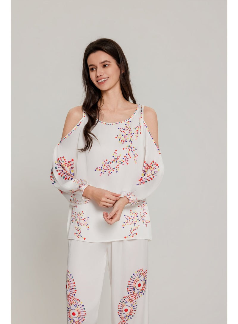 MASHUCK Chic Off-Shoulder Printed Pajama Set - Cuffed Sleeve Lounge Suit - Silky Soft 2-Piece Sleepwear for Women - Image 3