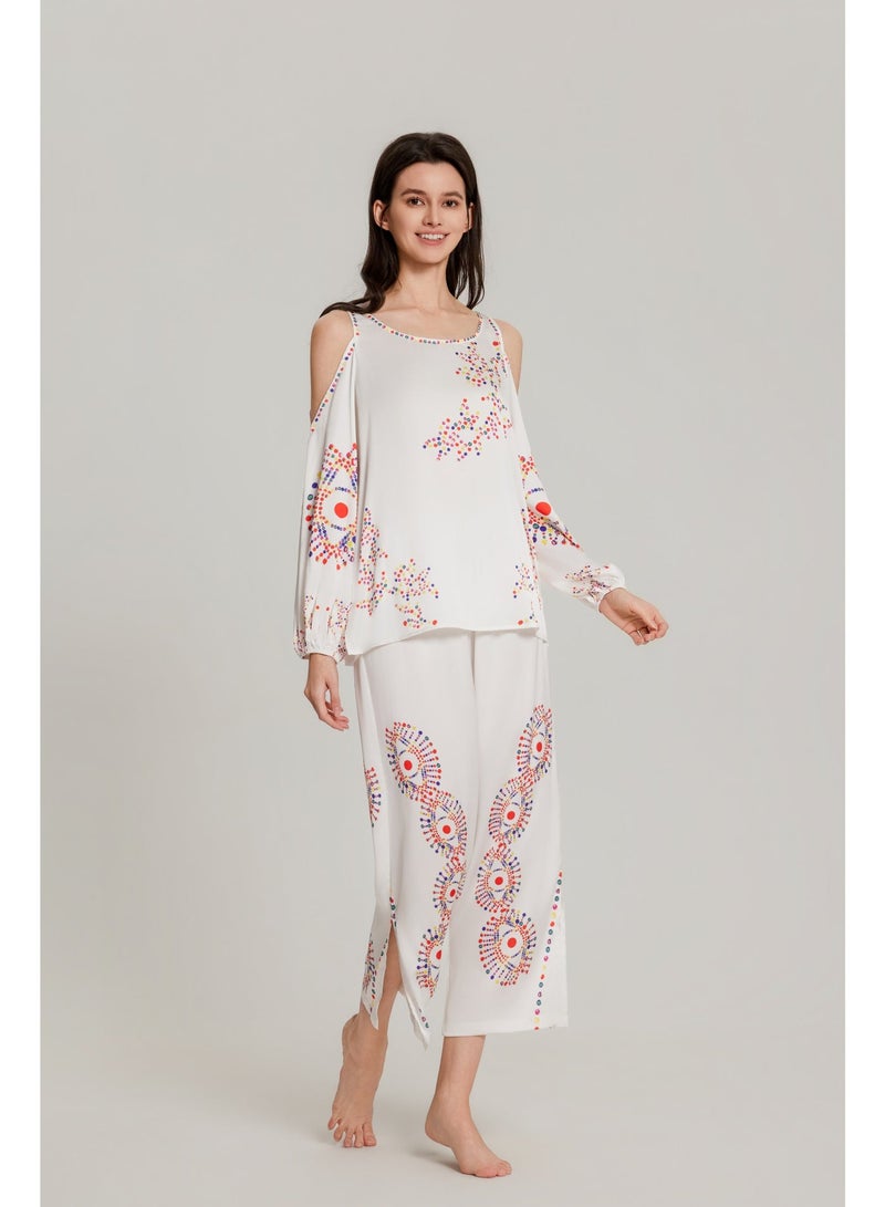 MASHUCK Chic Off-Shoulder Printed Pajama Set - Cuffed Sleeve Lounge Suit - Silky Soft 2-Piece Sleepwear for Women - Image 1