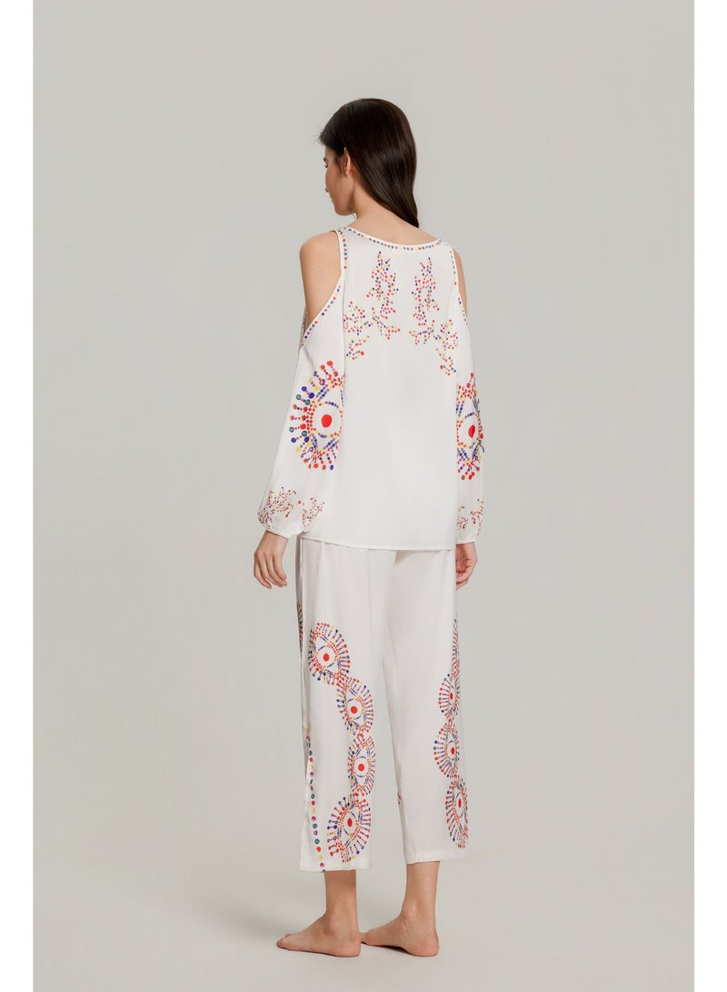 MASHUCK Chic Off-Shoulder Printed Pajama Set - Cuffed Sleeve Lounge Suit - Silky Soft 2-Piece Sleepwear for Women - Image 5