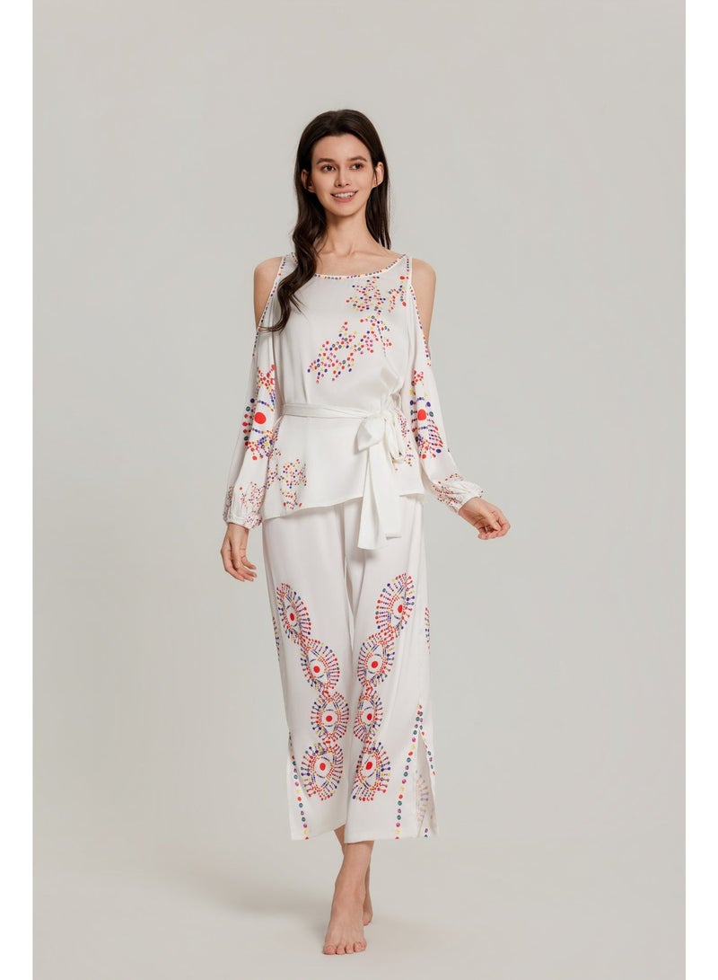 MASHUCK Chic Off-Shoulder Printed Pajama Set - Cuffed Sleeve Lounge Suit - Silky Soft 2-Piece Sleepwear for Women - Image 4