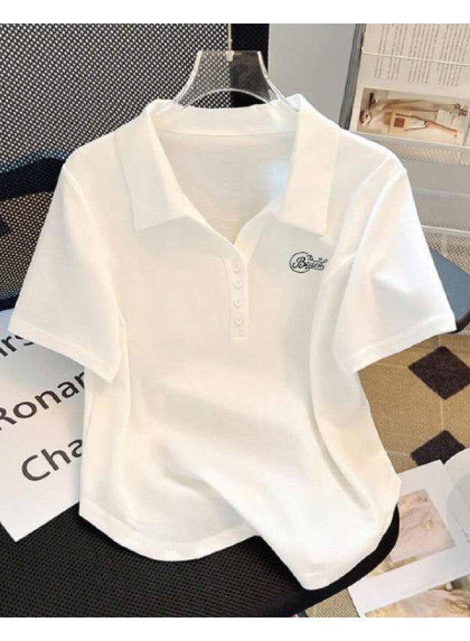 TonLion Vintage American Letter Embroidery Slim Fit Polo Collar Women's Summer Campus Style Short Sleeve T-shirt Top - Image 1