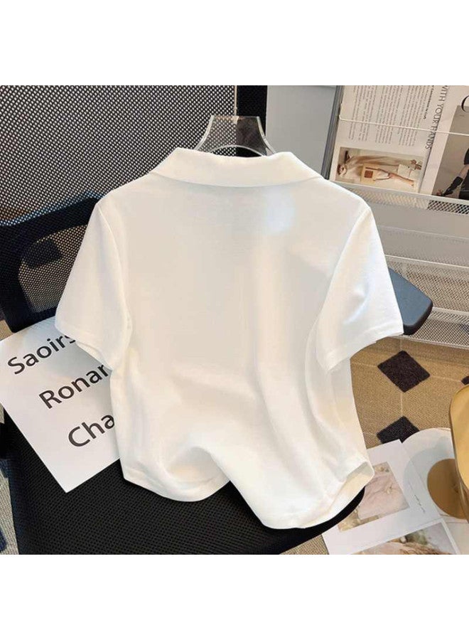 TonLion Vintage American Letter Embroidery Slim Fit Polo Collar Women's Summer Campus Style Short Sleeve T-shirt Top - Image 3