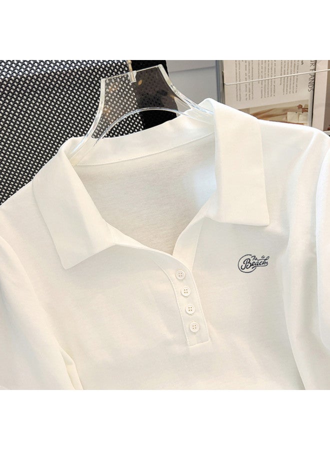 TonLion Vintage American Letter Embroidery Slim Fit Polo Collar Women's Summer Campus Style Short Sleeve T-shirt Top - Image 4