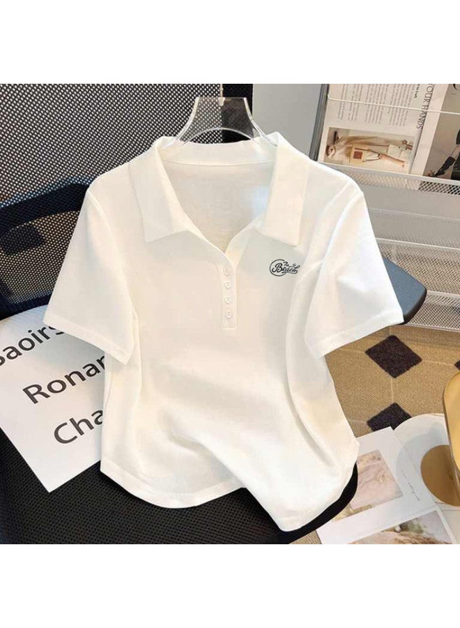 TonLion Vintage American Letter Embroidery Slim Fit Polo Collar Women's Summer Campus Style Short Sleeve T-shirt Top - Image 2