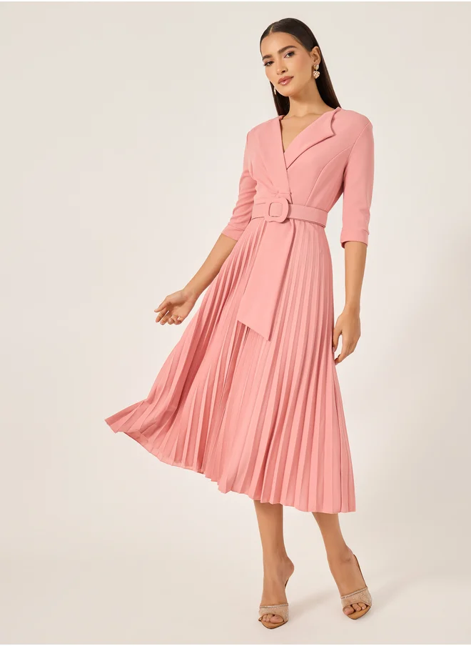 ستايلي Styli Pleated 3/4th Sleeves A-Line Midi Dress