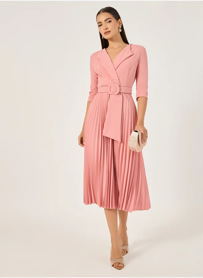 ستايلي Styli Pleated 3/4th Sleeves A-Line Midi Dress