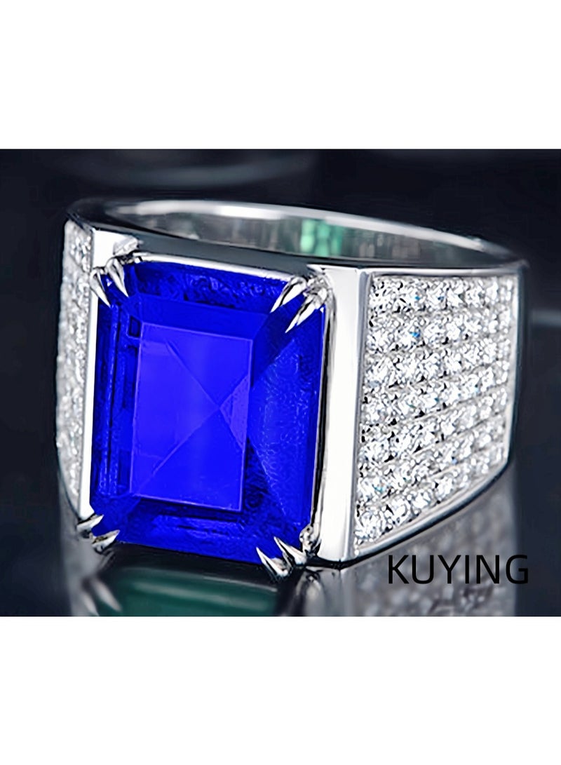 KUYING A Niche Square Sapphire Ring With Male Geometric Cutting And Studded Inlay - Image 3