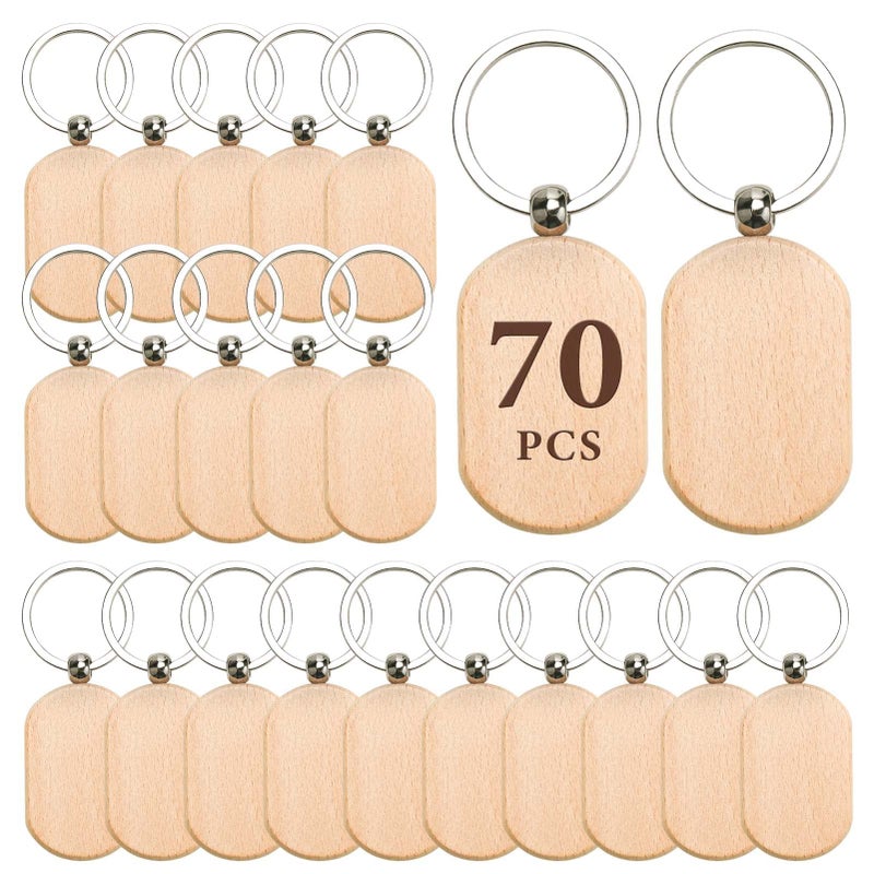 Auihiay Auihiay 70 PCS Wooden Keychain Blanks Wood Engraving Blanks Key Chain Unfinished Rectangle Round Wood Key Tag for DIY Crafts Rectangle 