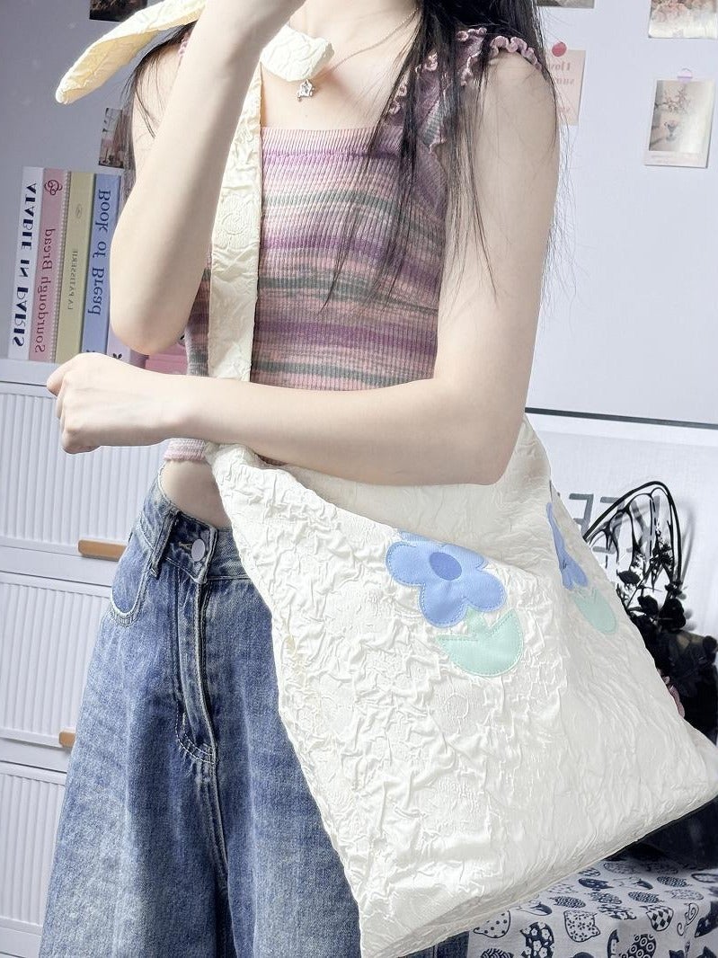 Fresh And Cute Flower Handbag Women'S Super Soft Large Capacity Canvas Shoulder Crossbody Bag For Students - Image 5