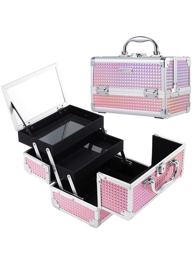 Frenessa Makeup Train Case Cosmetic Case Organizer Portable Makeup Box 2 Trays with Lockable Mirror Makeup Storage Organizer for Girls Makeup Artist, Makeup Tools, Hairstylist Travel Makeup Case Glitt - Image 1