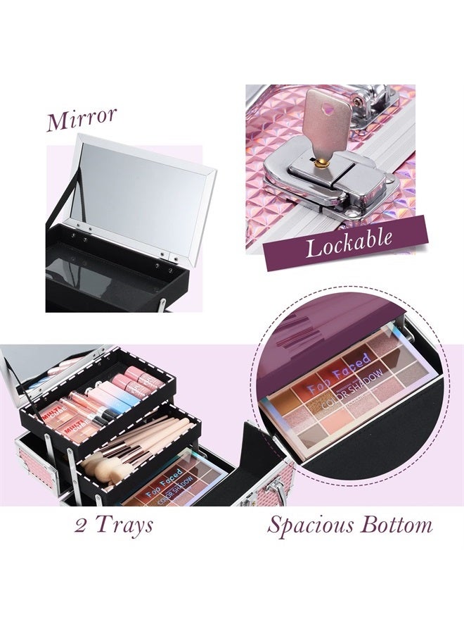Frenessa Makeup Train Case Cosmetic Case Organizer Portable Makeup Box 2 Trays with Lockable Mirror Makeup Storage Organizer for Girls Makeup Artist, Makeup Tools, Hairstylist Travel Makeup Case Glitt - Image 5