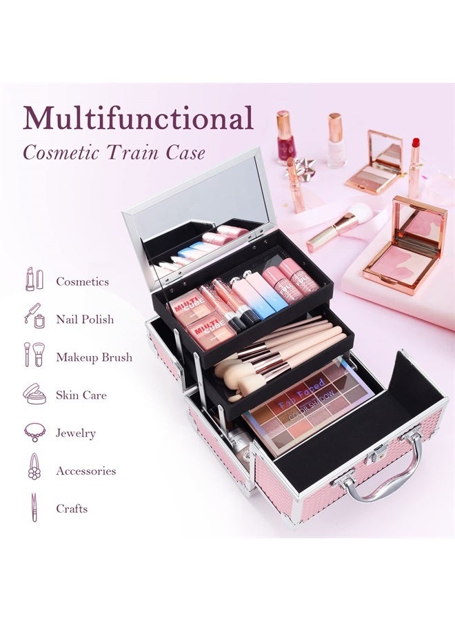 Frenessa Makeup Train Case Cosmetic Case Organizer Portable Makeup Box 2 Trays with Lockable Mirror Makeup Storage Organizer for Girls Makeup Artist, Makeup Tools, Hairstylist Travel Makeup Case Glitt - Image 2