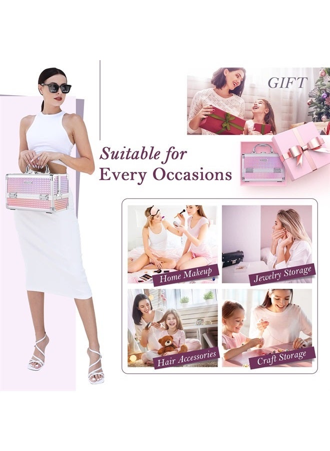 Frenessa Makeup Train Case Cosmetic Case Organizer Portable Makeup Box 2 Trays with Lockable Mirror Makeup Storage Organizer for Girls Makeup Artist, Makeup Tools, Hairstylist Travel Makeup Case Glitt - Image 3