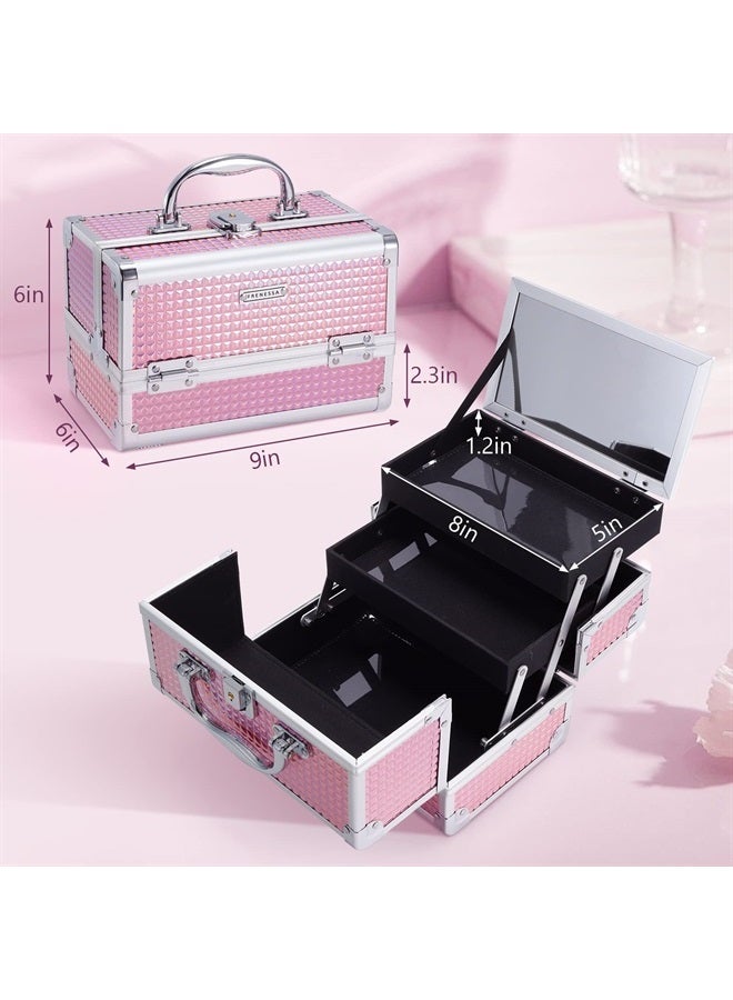 Frenessa Makeup Train Case Cosmetic Case Organizer Portable Makeup Box 2 Trays with Lockable Mirror Makeup Storage Organizer for Girls Makeup Artist, Makeup Tools, Hairstylist Travel Makeup Case Glitt - Image 4