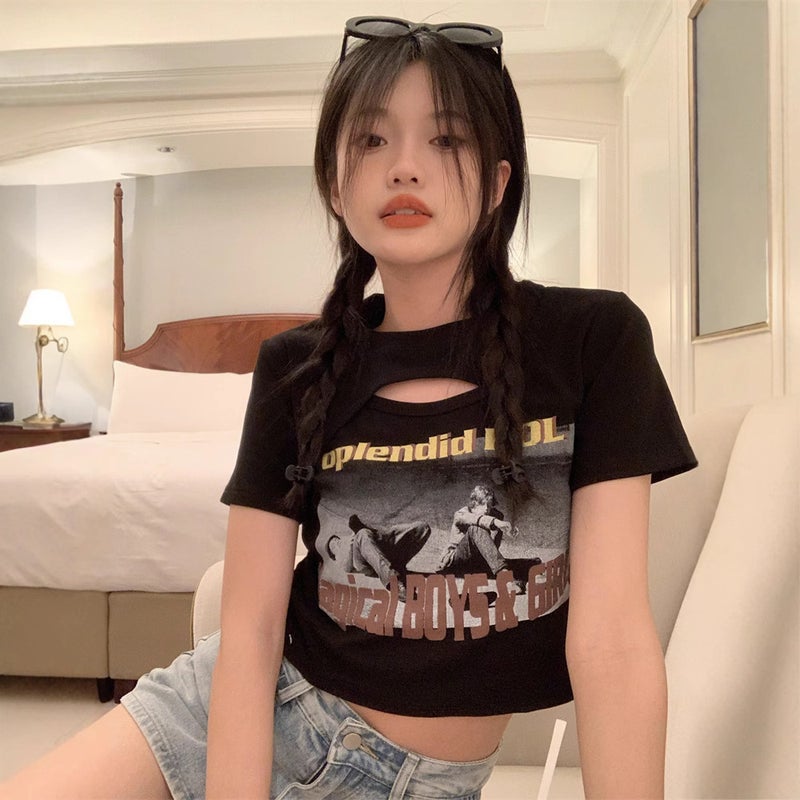 BM Style Short Hot Girl T-Shirt Women's 2025 Summer American-style Slim-fit Short-sleeved Sweet and Hot Slim-fit Design Student Top - Image 2
