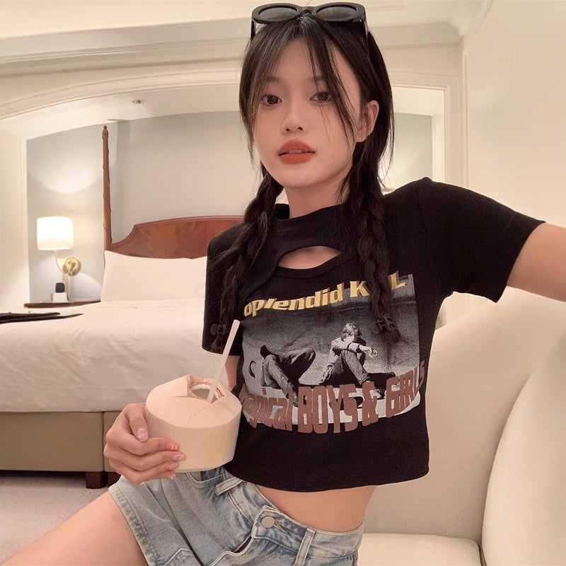 BM Style Short Hot Girl T-Shirt Women's 2025 Summer American-style Slim-fit Short-sleeved Sweet and Hot Slim-fit Design Student Top - Image 4