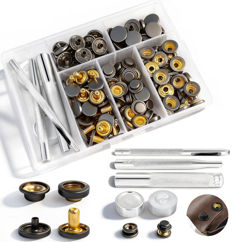 PIGORY 12 Snap Button Kit for Leather Crafting 203Pcs Heavy Duty Leather Snaps and Fasteners Kit50 Sets Stainless Steel Canvas Snaps with Tools Metal Fasteners for Boat Covers Tents Sewing - Image 3